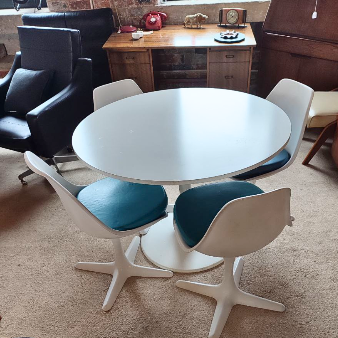 Mid Century White Dining Set with Swivel Chairs by Maurice Burke