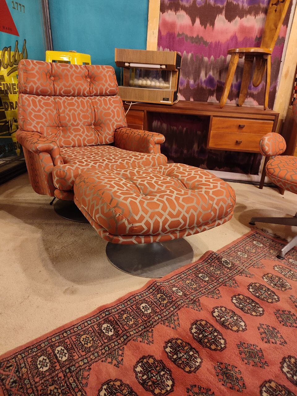 Stylish Mid Century Swivel Armchair With Matching Footstool by Minty of Oxford (New Upholstery)