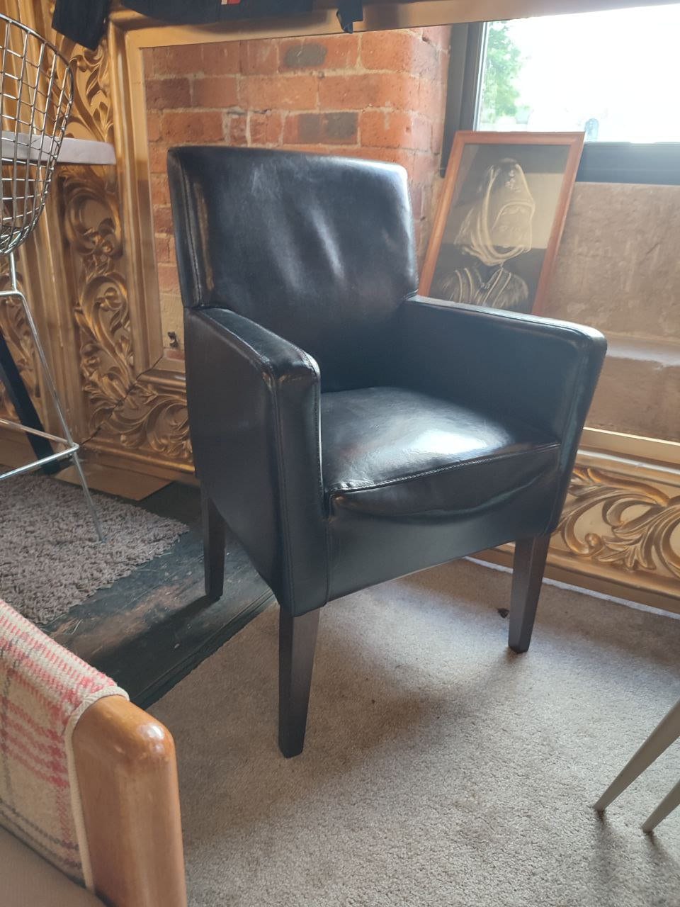 Elegant Compact Tub Chair in Soft Black Leather with Oak Finish - Perfect for Hallway, Office, or Kitchen