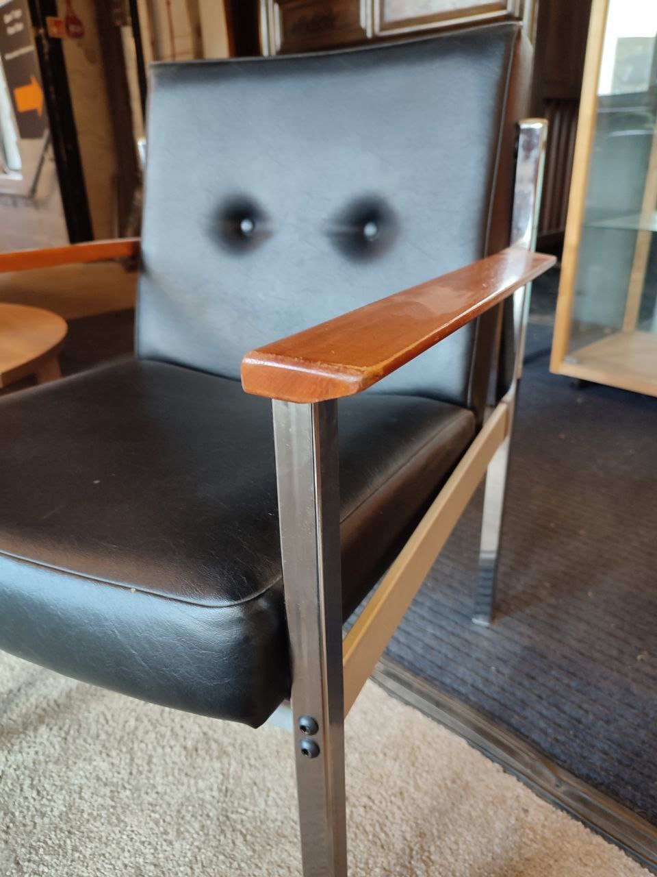 Pair of 1960s Industrial Armchairs - Teak Arms, Chrome Frame, Vinyl Upholstery - Excellent Condition