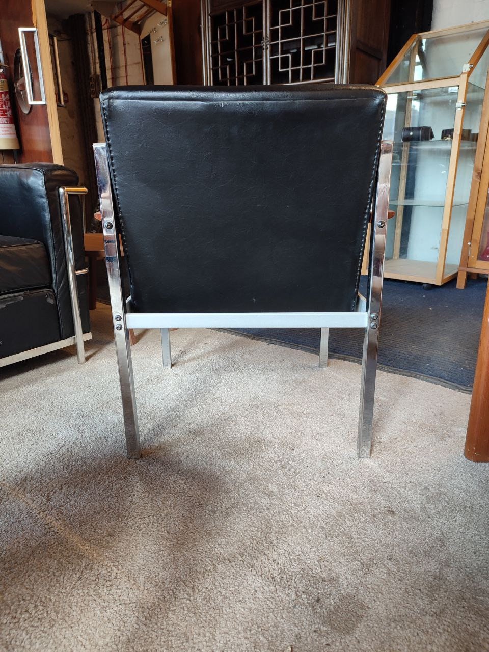 Pair of 1960s Industrial Armchairs - Teak Arms, Chrome Frame, Vinyl Upholstery - Excellent Condition