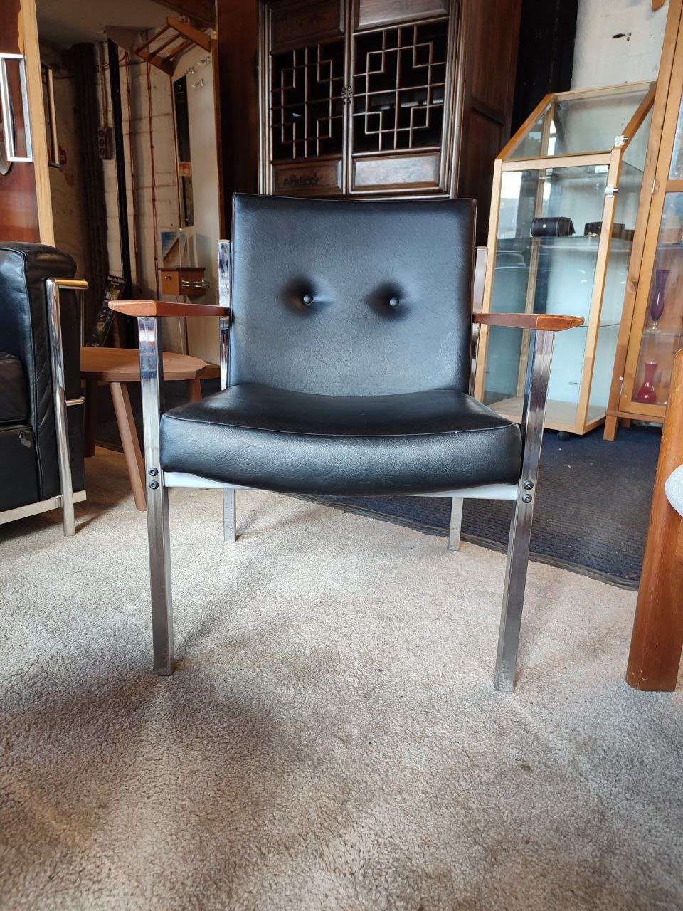 Pair of 1960s Industrial Armchairs - Teak Arms, Chrome Frame, Vinyl Upholstery - Excellent Condition