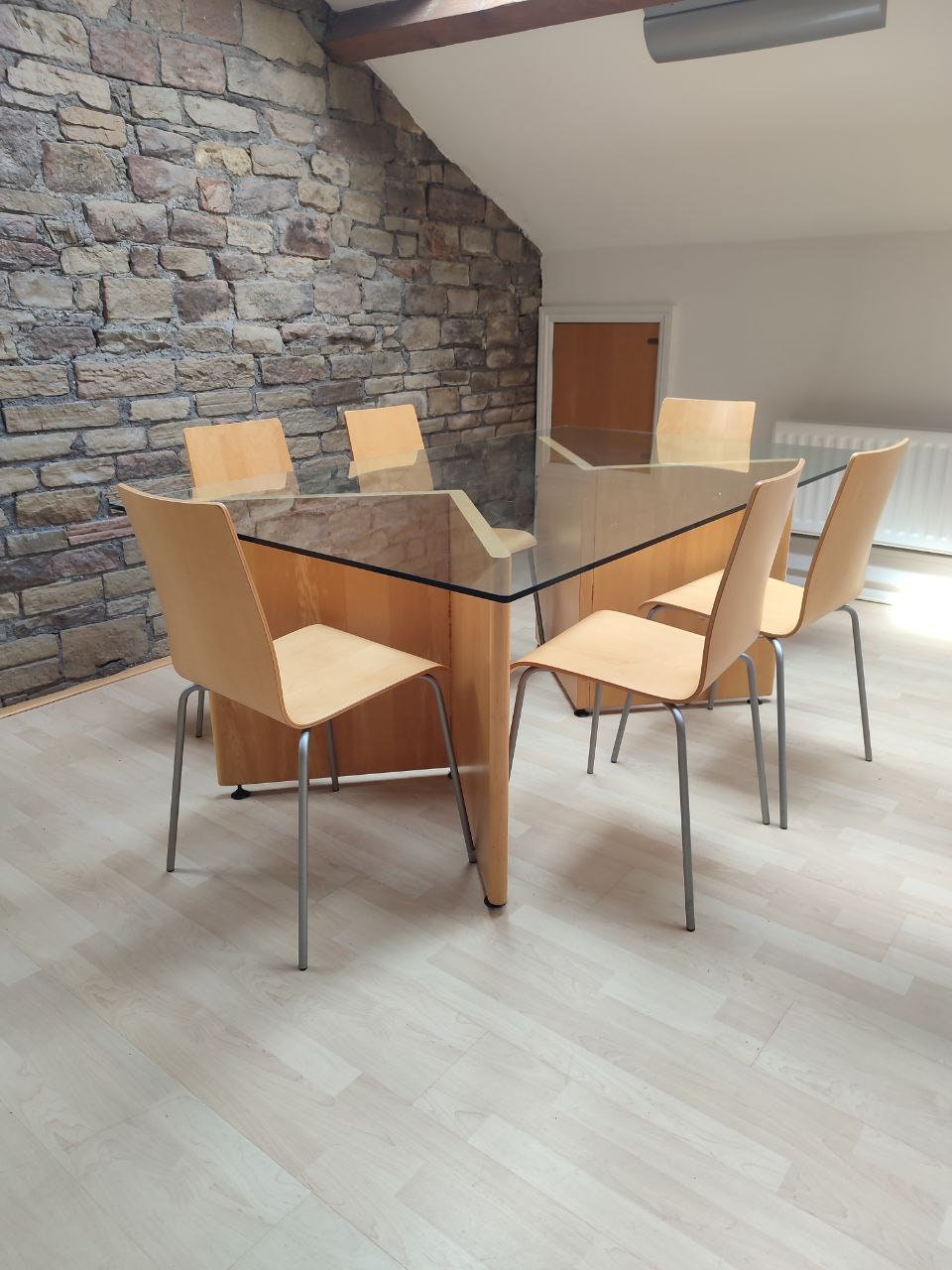 Unique Bespoke Mid-Century Modern Danish Design Glass-Top Dining Table with Bentwood Beechwood Chairs - Seats 6-8