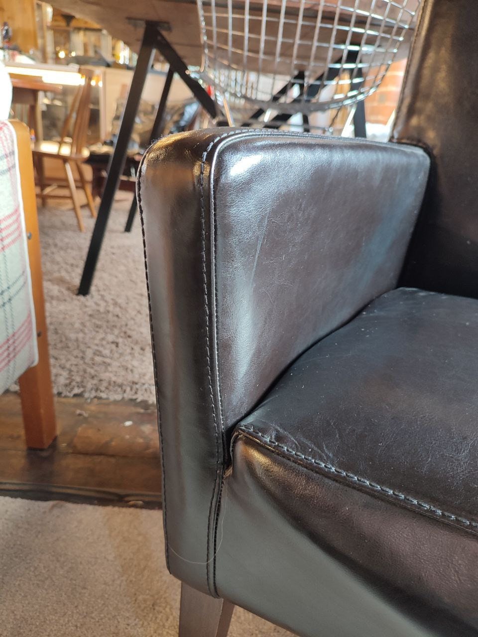 Elegant Compact Tub Chair in Soft Black Leather with Oak Finish - Perfect for Hallway, Office, or Kitchen