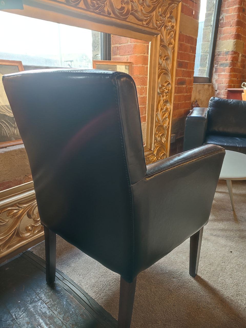 Elegant Compact Tub Chair in Soft Black Leather with Oak Finish - Perfect for Hallway, Office, or Kitchen