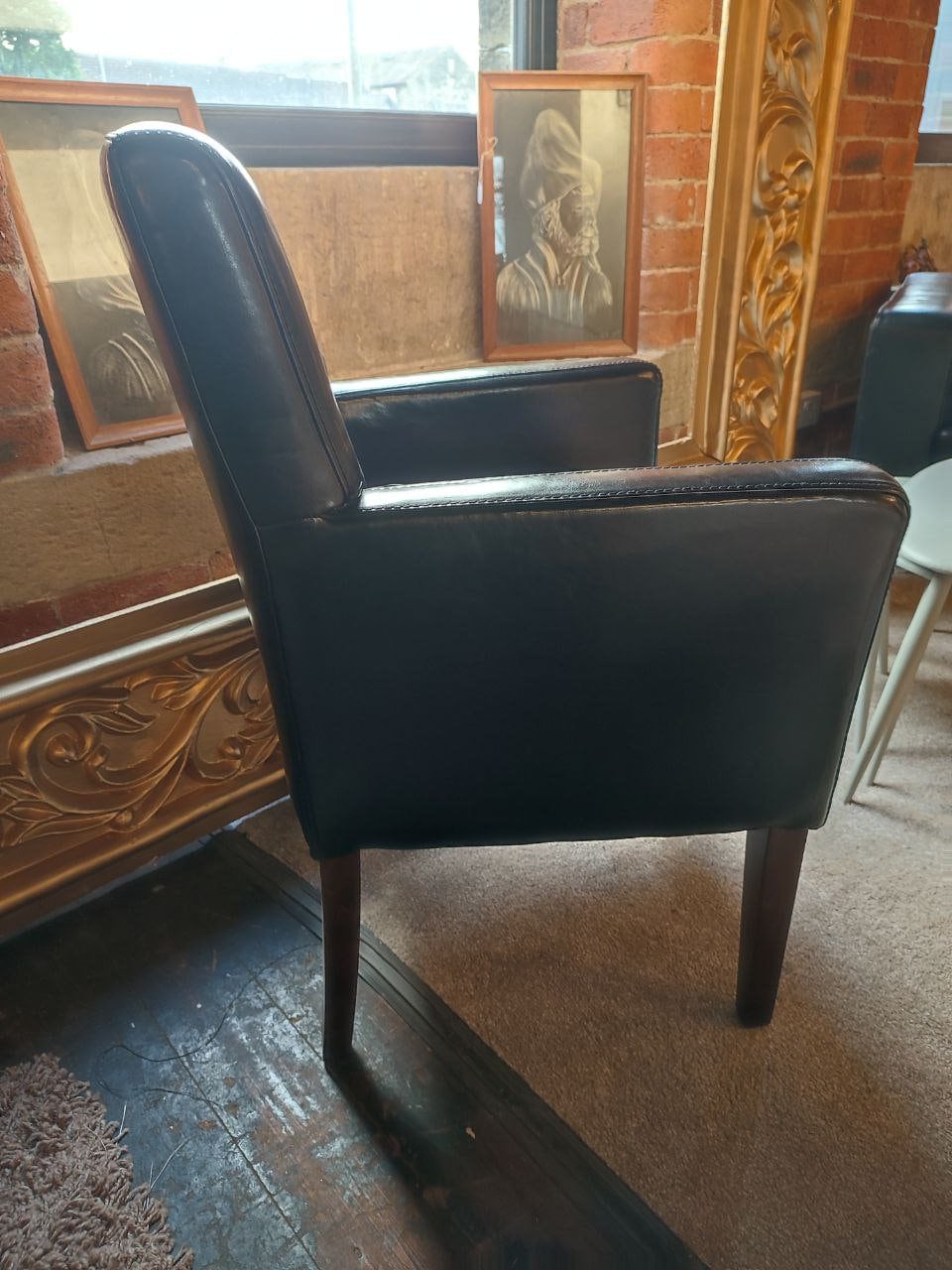 Elegant Compact Tub Chair in Soft Black Leather with Oak Finish - Perfect for Hallway, Office, or Kitchen