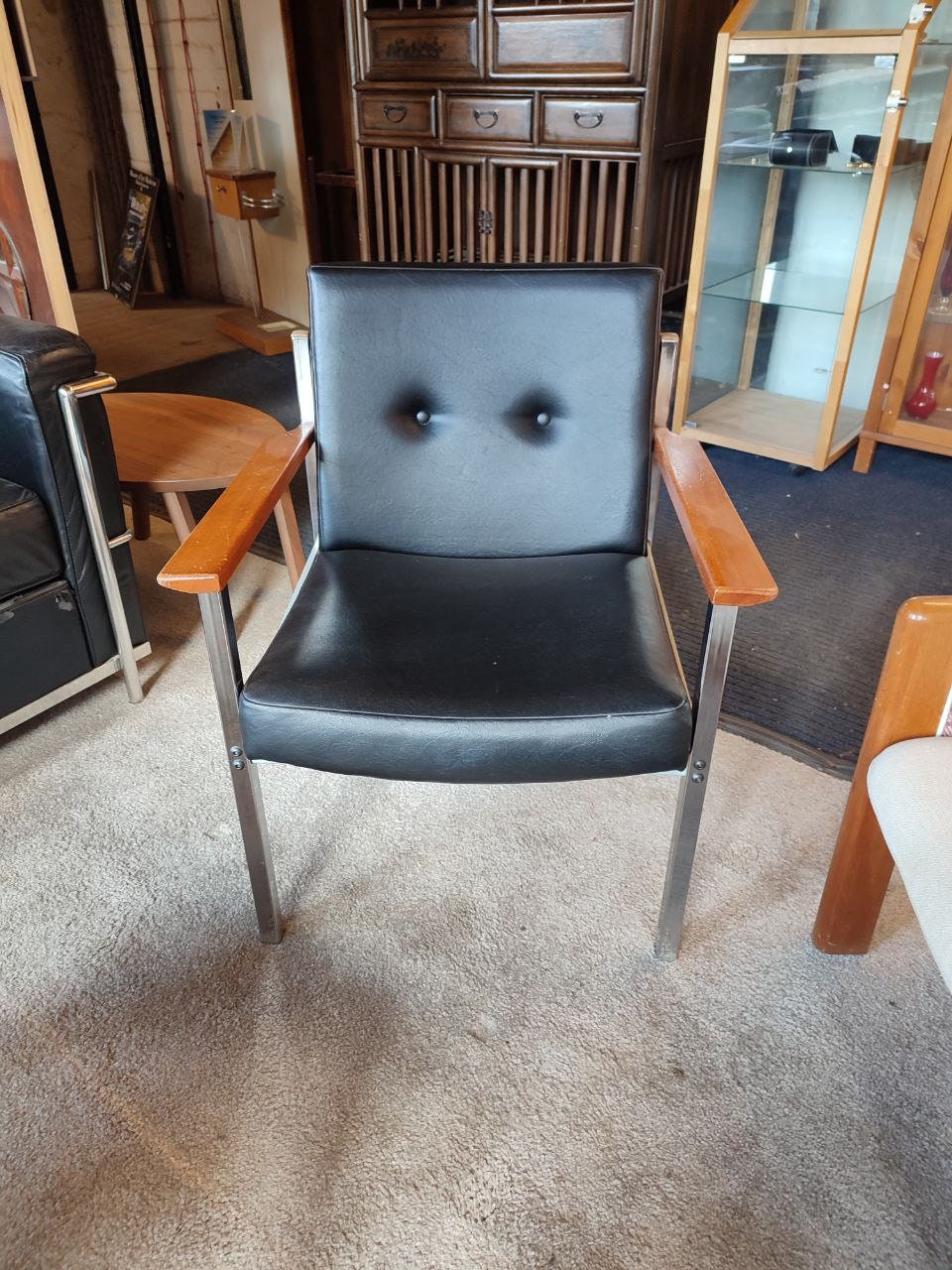 Pair of 1960s Industrial Armchairs - Teak Arms, Chrome Frame, Vinyl Upholstery - Excellent Condition