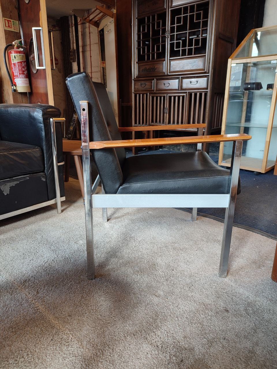 Pair of 1960s Industrial Armchairs - Teak Arms, Chrome Frame, Vinyl Upholstery - Excellent Condition