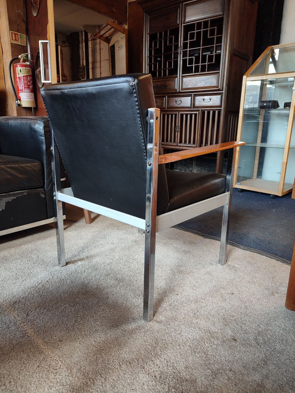 Pair of 1960s Industrial Armchairs - Teak Arms, Chrome Frame, Vinyl Upholstery - Excellent Condition
