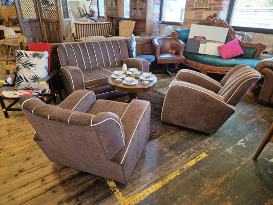 Original 1930s Art Deco Tank Armchairs and Sofa Set, Newly Upholstered