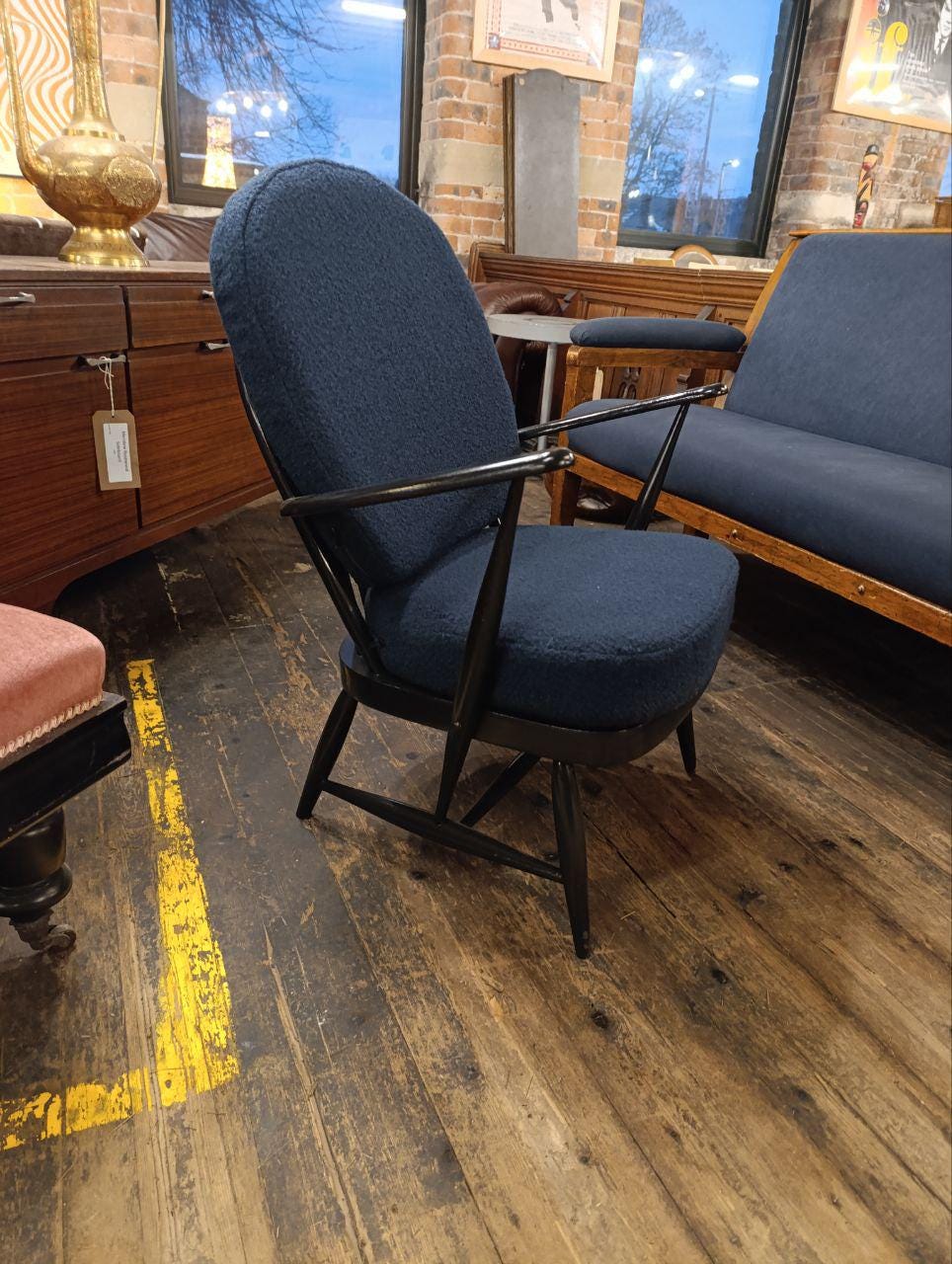 Early Mid-Century Ercol Armchair in Newly Upholstered Blue Bouclé