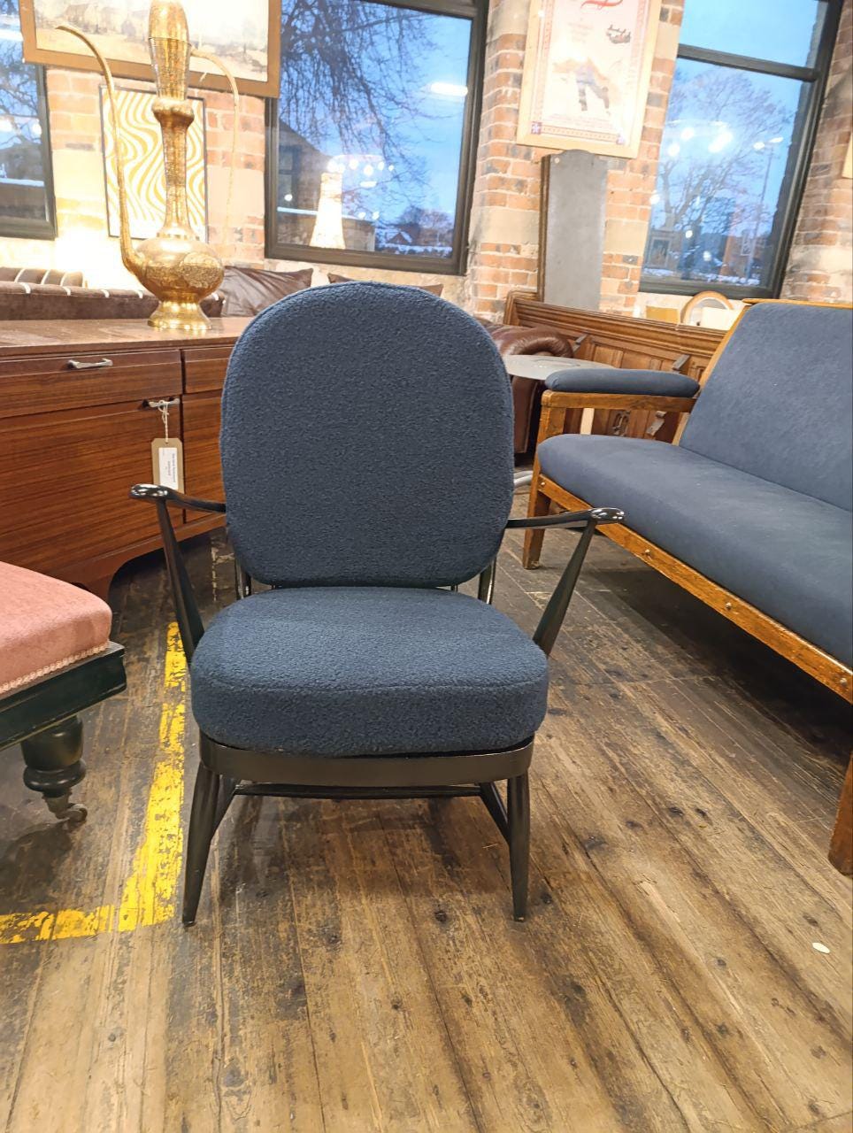 Early Mid-Century Ercol Armchair in Newly Upholstered Blue Bouclé