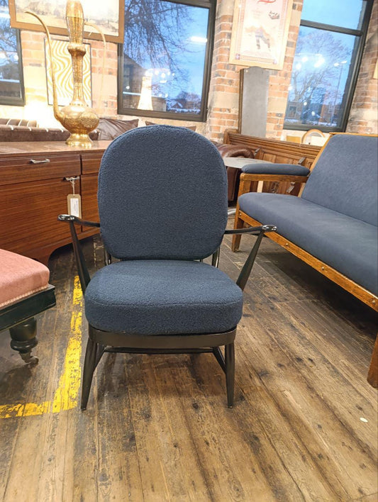 Early Mid-Century Ercol Armchair in Newly Upholstered Blue Bouclé