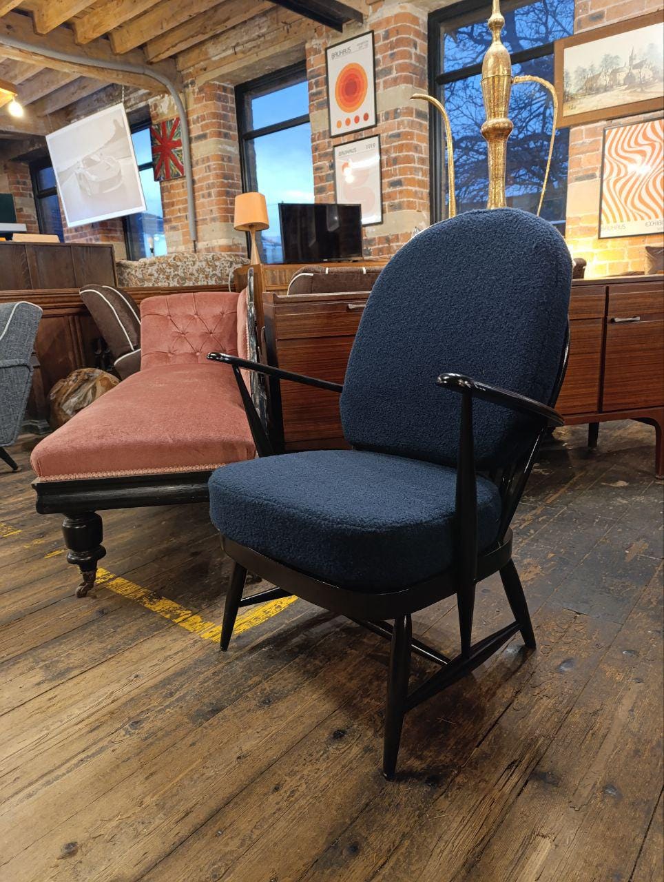 Early Mid-Century Ercol Armchair in Newly Upholstered Blue Bouclé