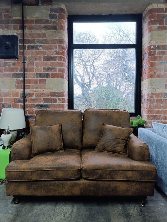 Stylish Faux Leather Suede Brown 2-Seater Sofa - Victorian and Modern Design
