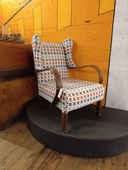 Circa 1940s Oak Wingback Armchair - Newly Upholstered