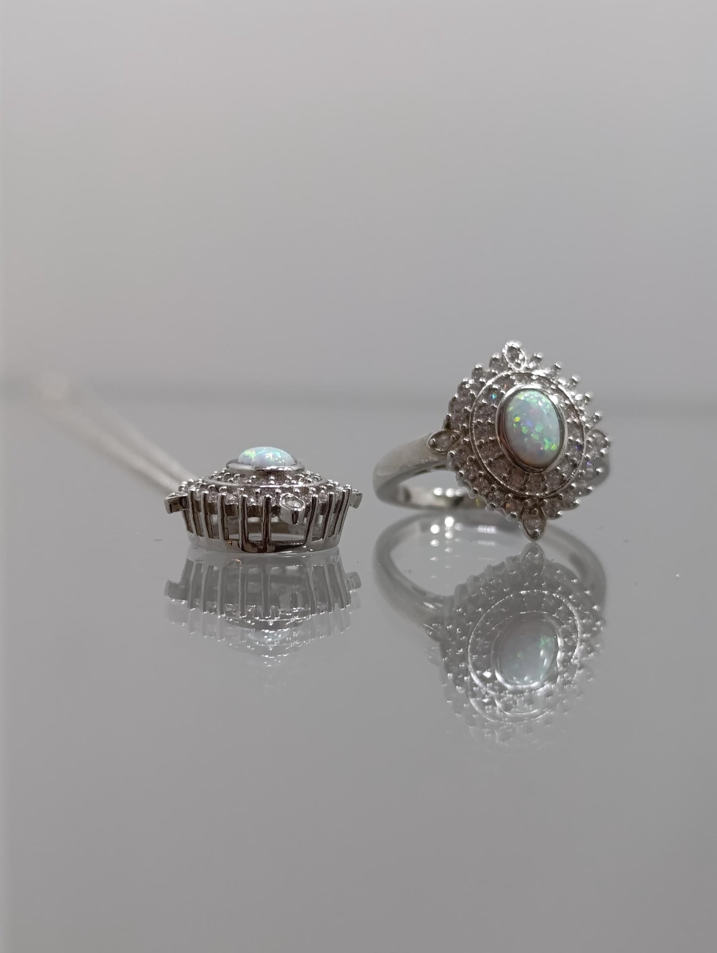 Sterling Silver Fire Opal Halo Ring and Necklace