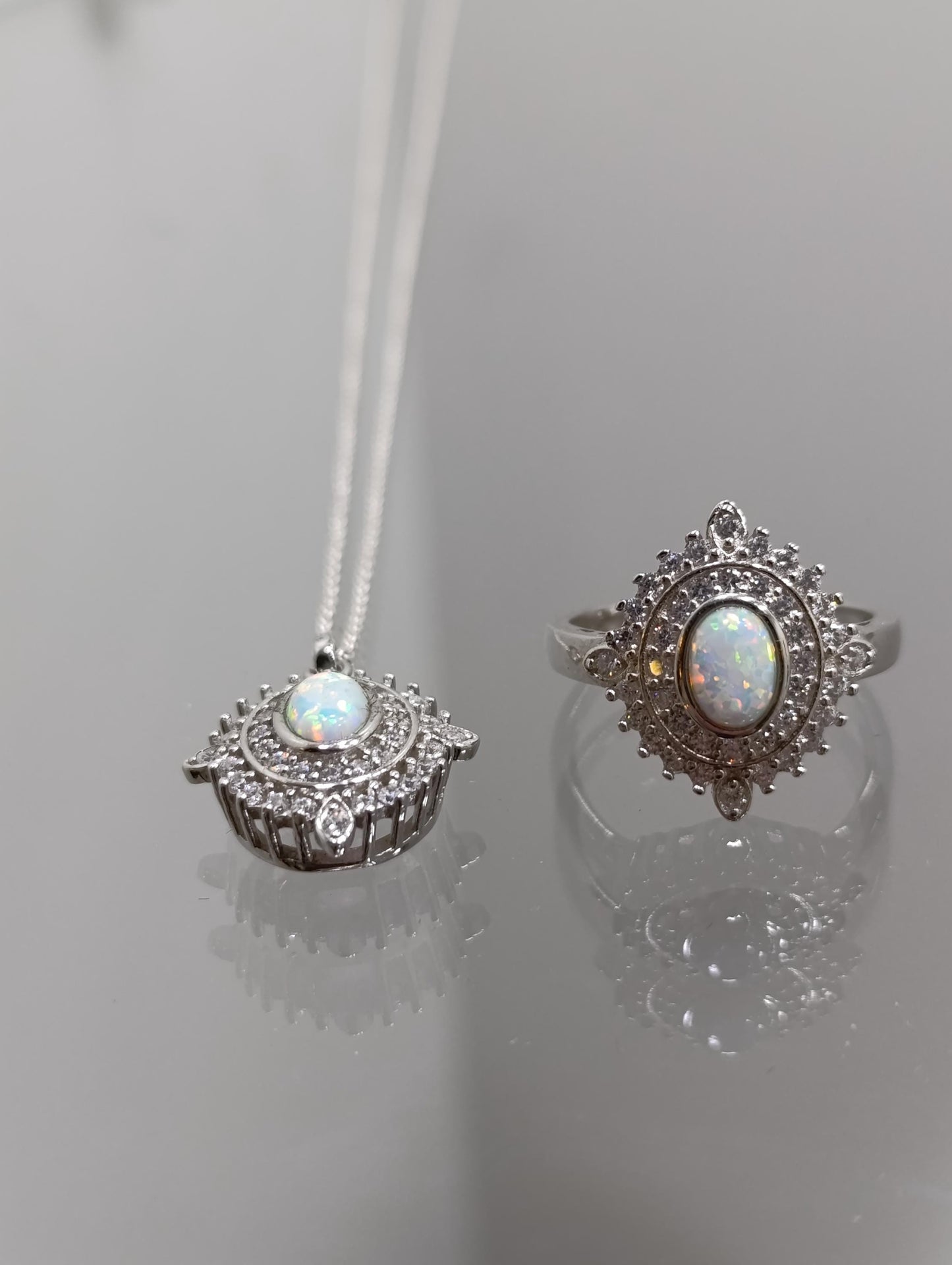 Sterling Silver Fire Opal Halo Ring and Necklace