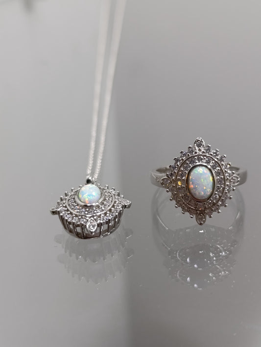 Sterling Silver Fire Opal Halo Ring and Necklace