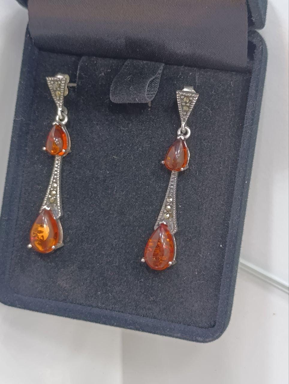 Sterling Silver & Amber Teardrop Earrings