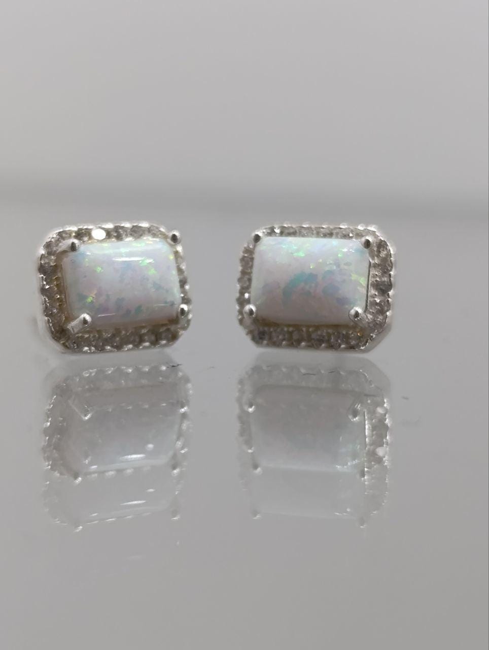 Sterling Silver White Opal Halo Earrings