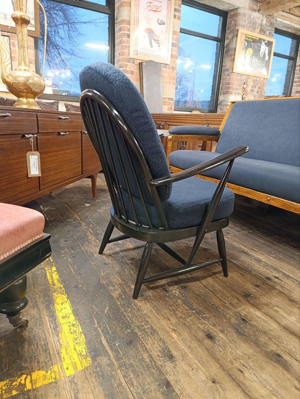 Early Mid-Century Ercol Armchair in Newly Upholstered Blue Bouclé