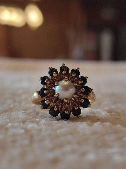 Exquisite 9ct Gold Cluster Ring with Sapphires and Pearl (1967)