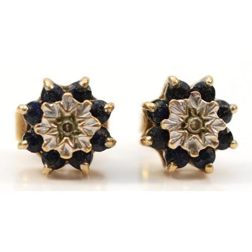 Beautiful 9ct Gold Sapphire & Diamond Cluster Earrings