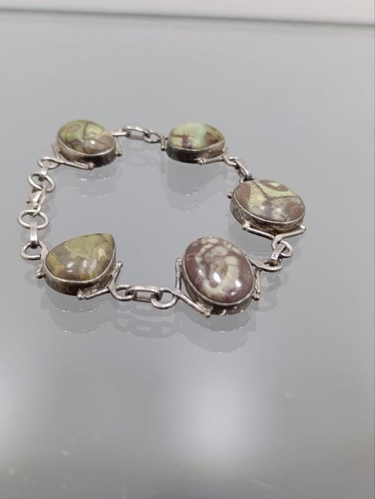Beautiful Vintage Arts & Craft Style Solid Silver Moss Agate Bracelet