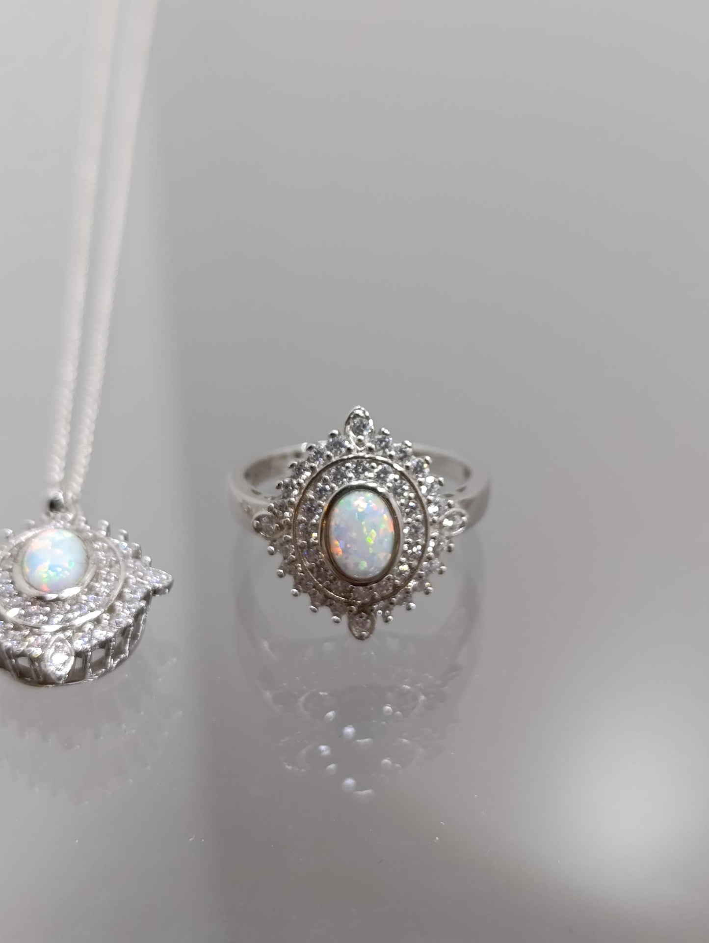 Sterling Silver Fire Opal Halo Ring and Necklace