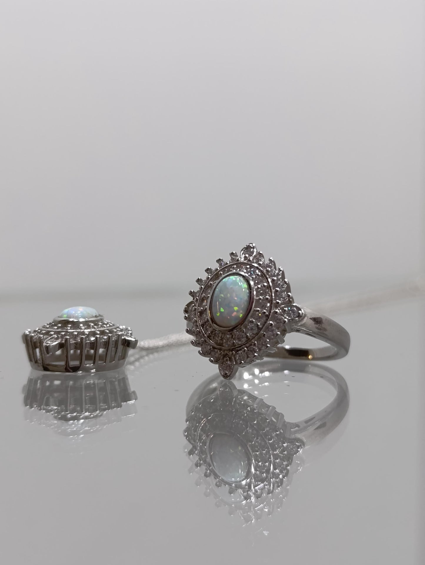 Sterling Silver Fire Opal Halo Ring and Necklace