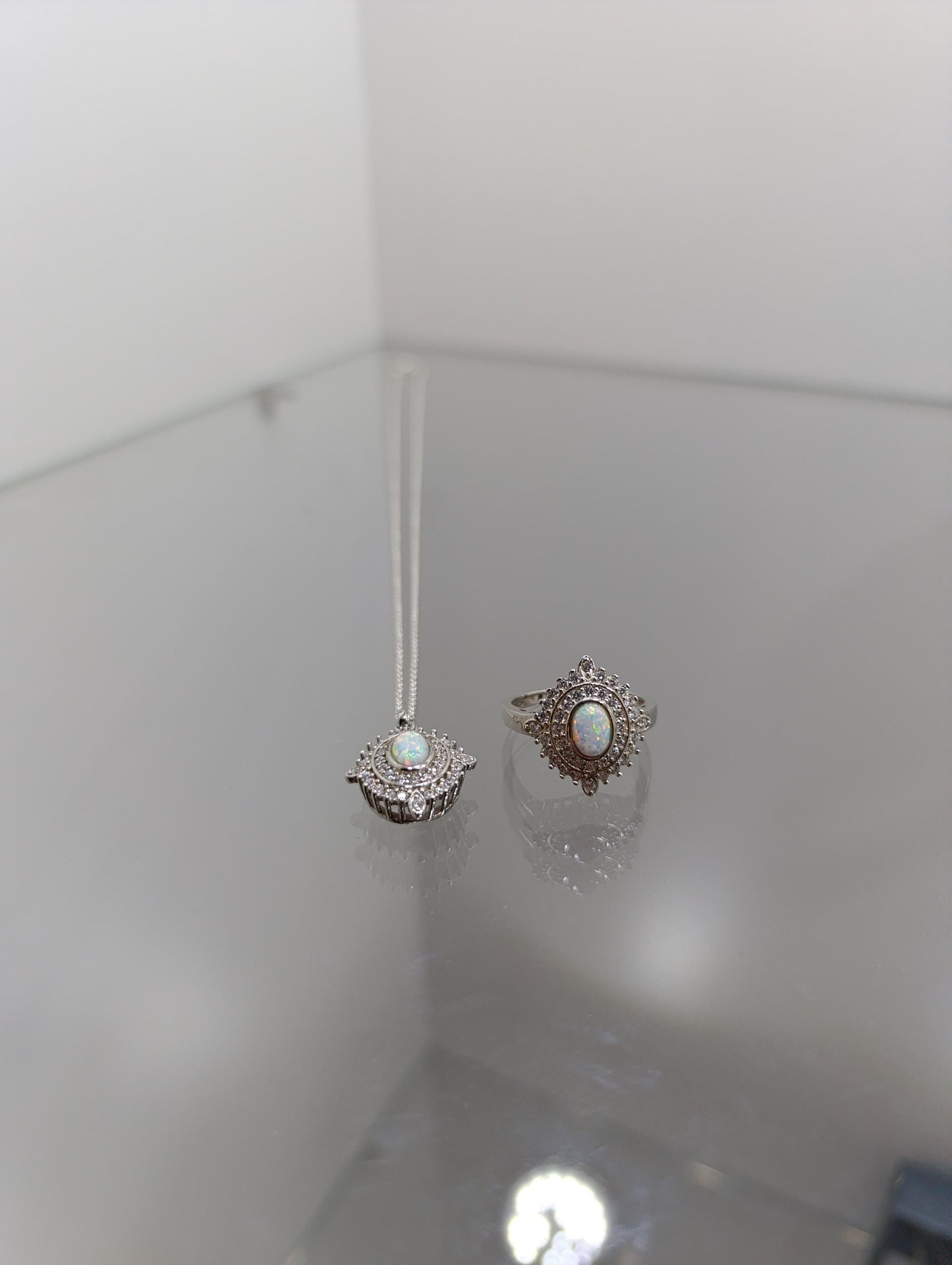 Sterling Silver Fire Opal Halo Ring and Necklace