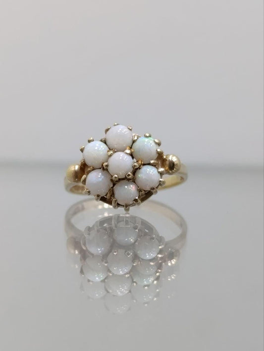 Vintage 9ct Gold Opal Daisy Cluster Ring - Size M