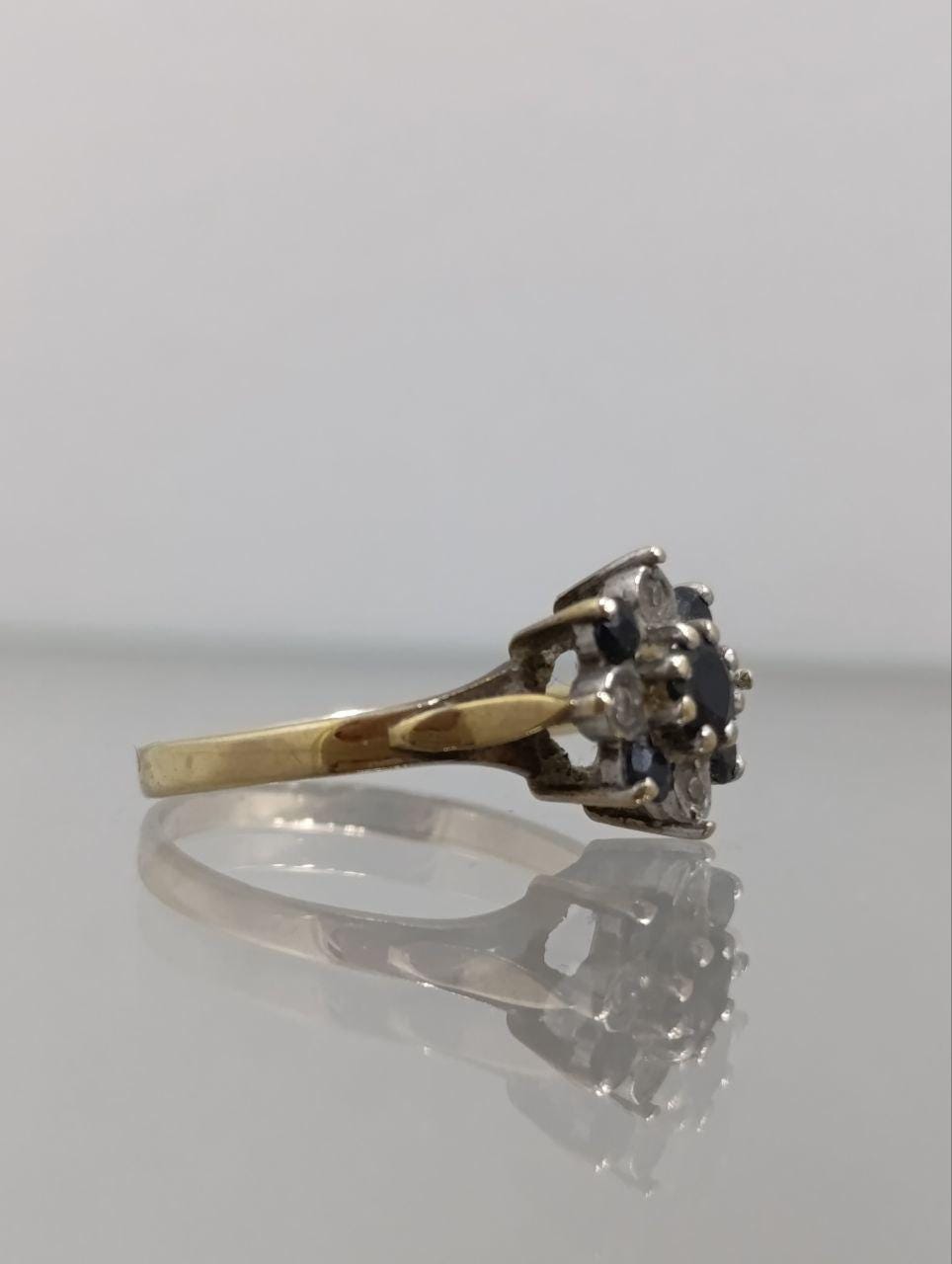 Vintage 9ct Gold Sapphire & Diamond Cluster Ring - Size L