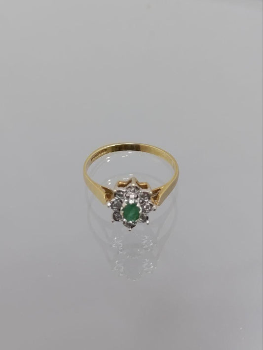 Vintage 9ct Gold Emerald & Diamond Cluster Ring - Size L