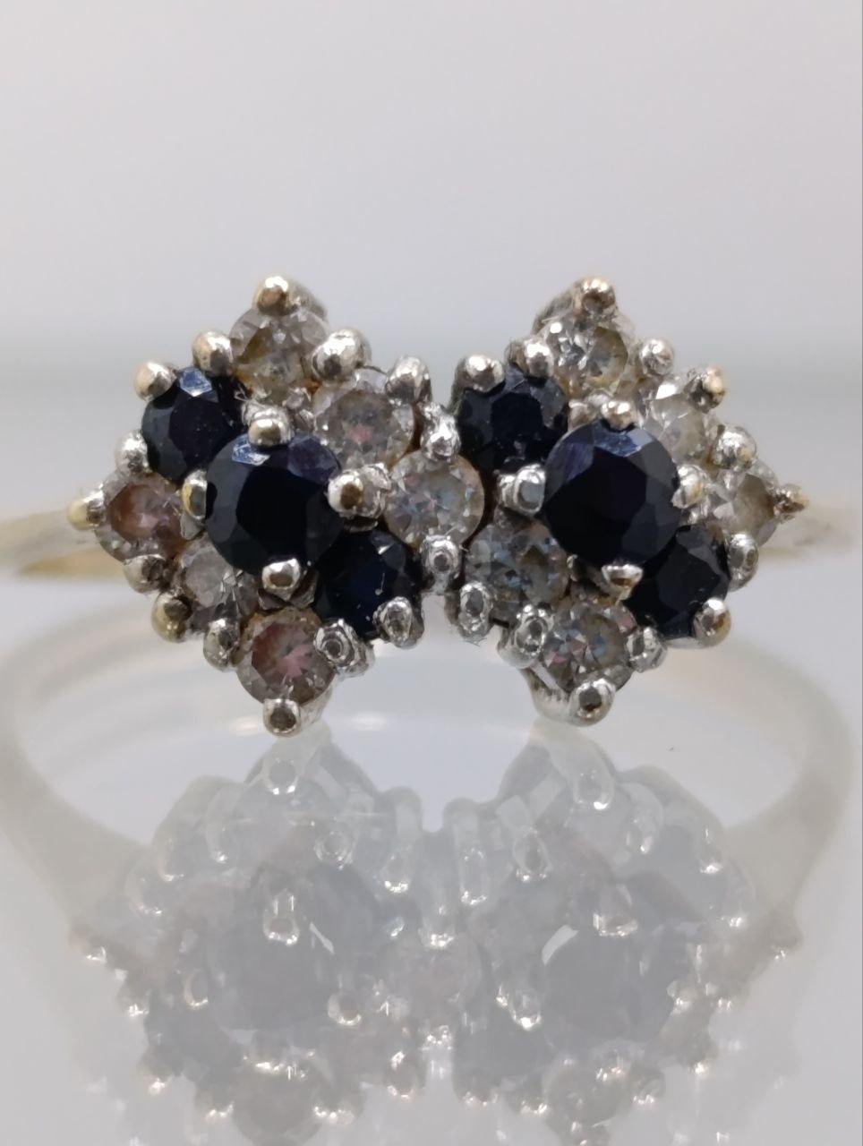 Unique Vintage 9ct Gold Sapphire & Cubic Zirconia Ring - Symmetrical Design