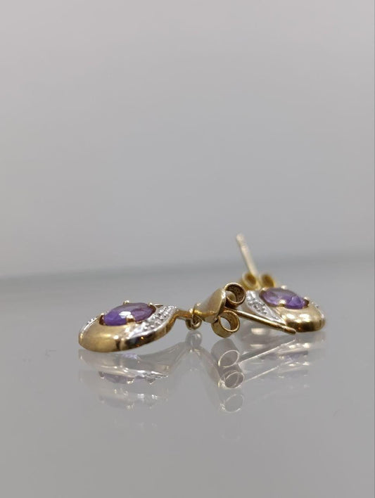 Stunning Vintage 9ct Gold Amethyst & Diamond Drop Earrings