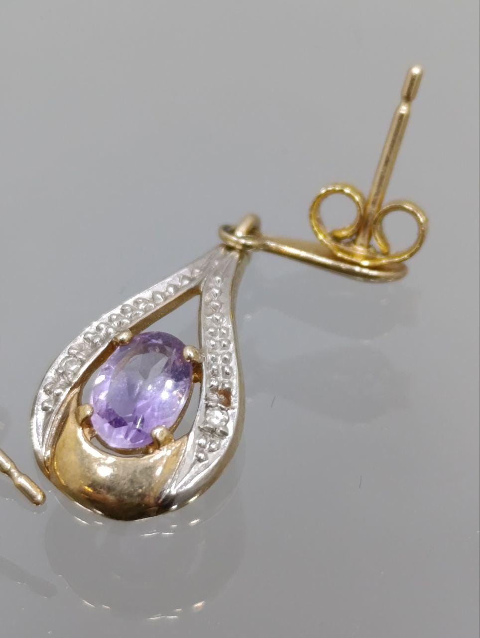 Stunning Vintage 9ct Gold Amethyst & Diamond Drop Earrings