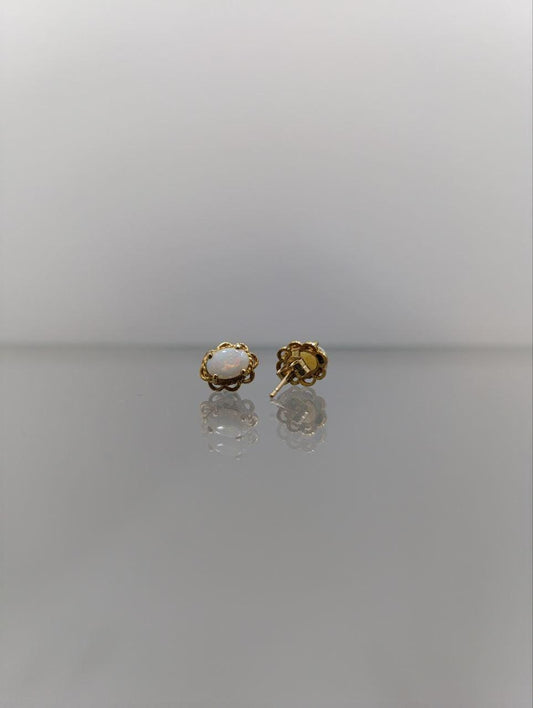 9ct Gold & White Opal Stud Earrings - Dainty Lace Design