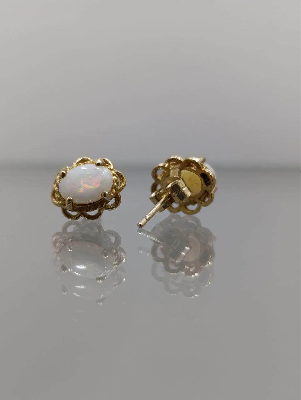 9ct Gold & White Opal Stud Earrings - Dainty Lace Design