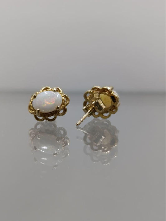 9ct Gold & White Opal Stud Earrings - Dainty Lace Design