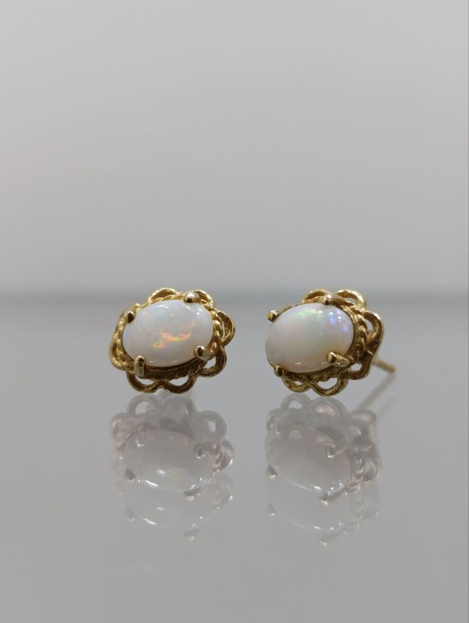 9ct Gold & White Opal Stud Earrings - Dainty Lace Design