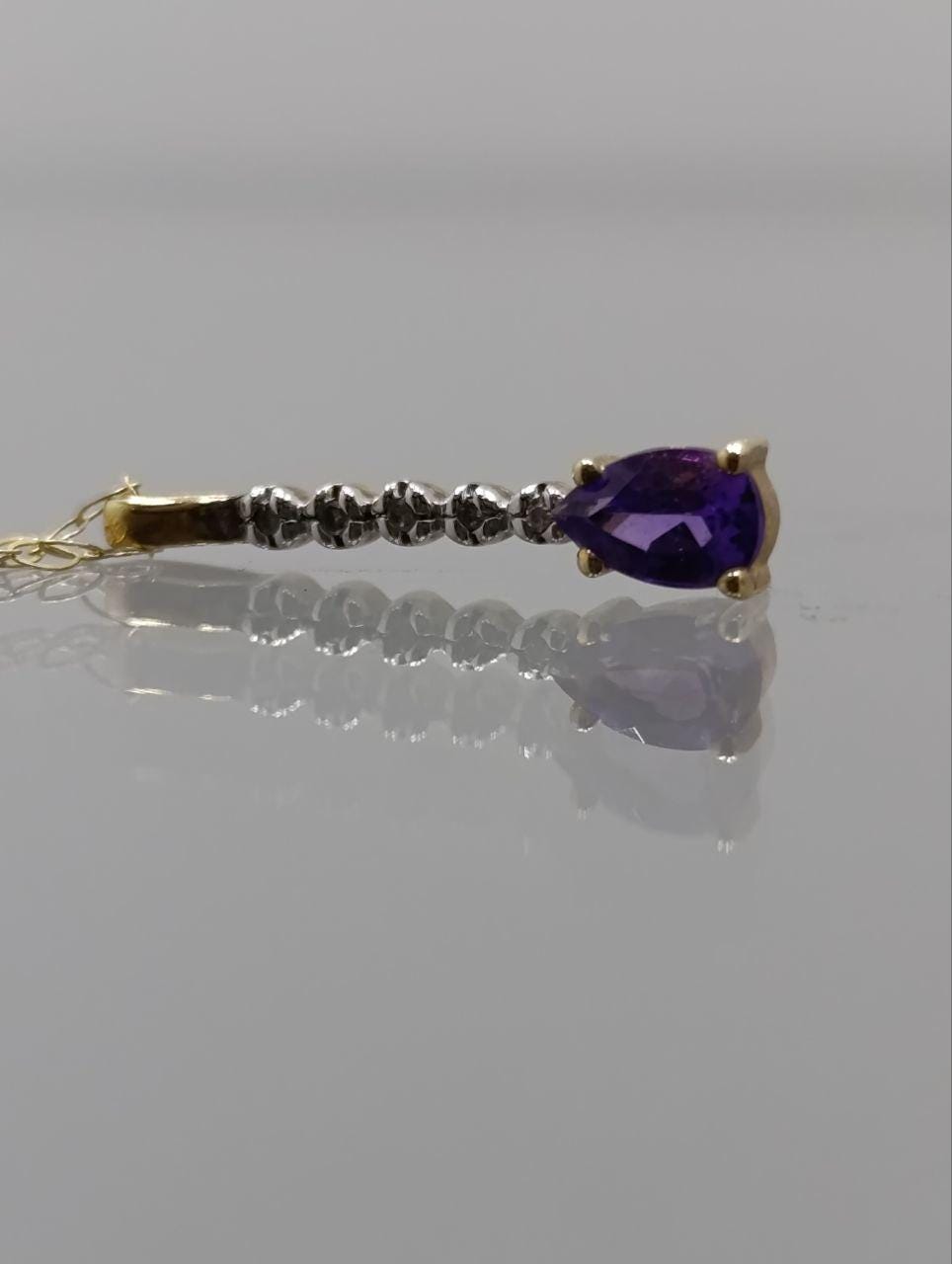 Vintage 9ct Gold Amethyst & Diamond Pendant Necklace - 16 Inches