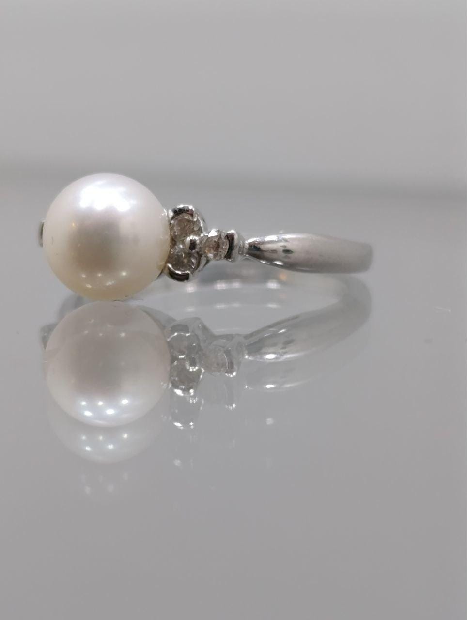 Art Deco 14ct White Gold Pearl & Diamond Ring - Size N