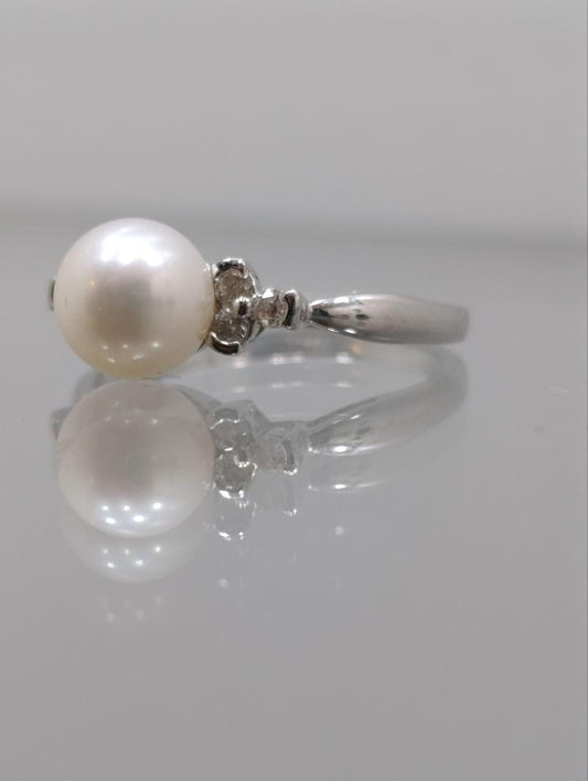 Art Deco 14ct White Gold Pearl & Diamond Ring - Size N