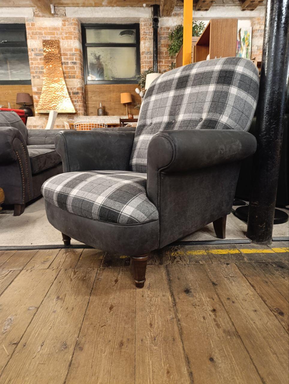Luxurious Victorian Style Armchair in Plush Velvet Charcoal Grey and Tartan