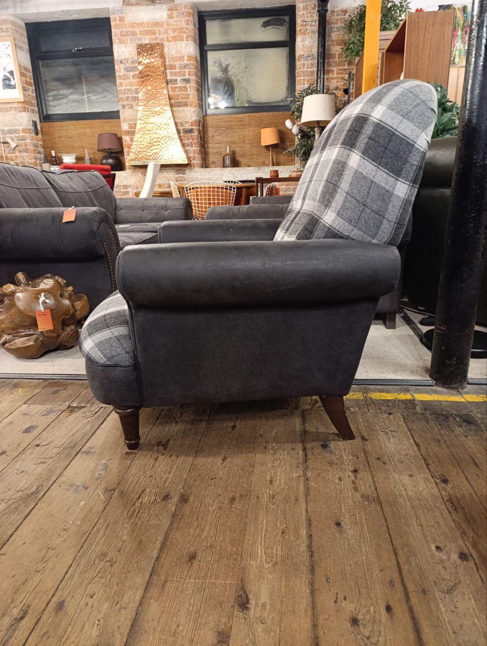 Luxurious Victorian Style Armchair in Plush Velvet Charcoal Grey and Tartan