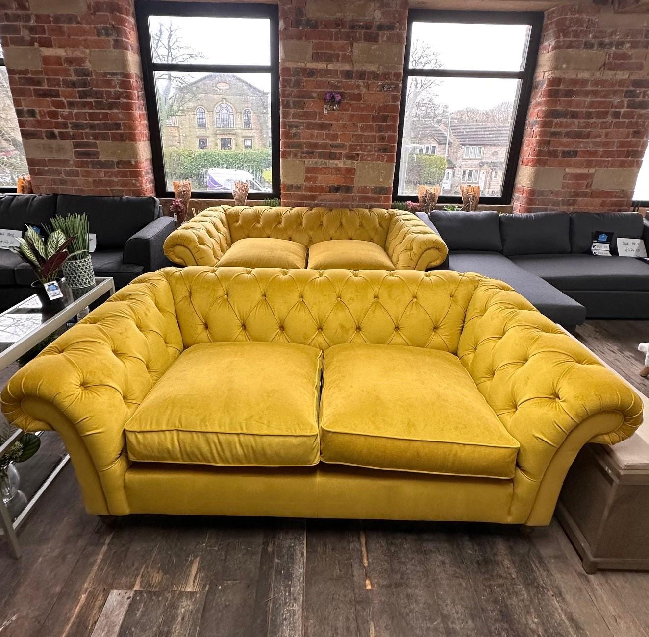 Large Chesterfield Sofa in Plush Dark Ochre Velvet - New Upholstery