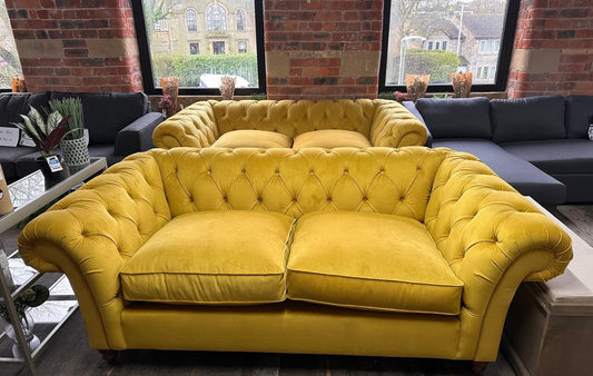 Large Chesterfield Sofa in Plush Dark Ochre Velvet - New Upholstery