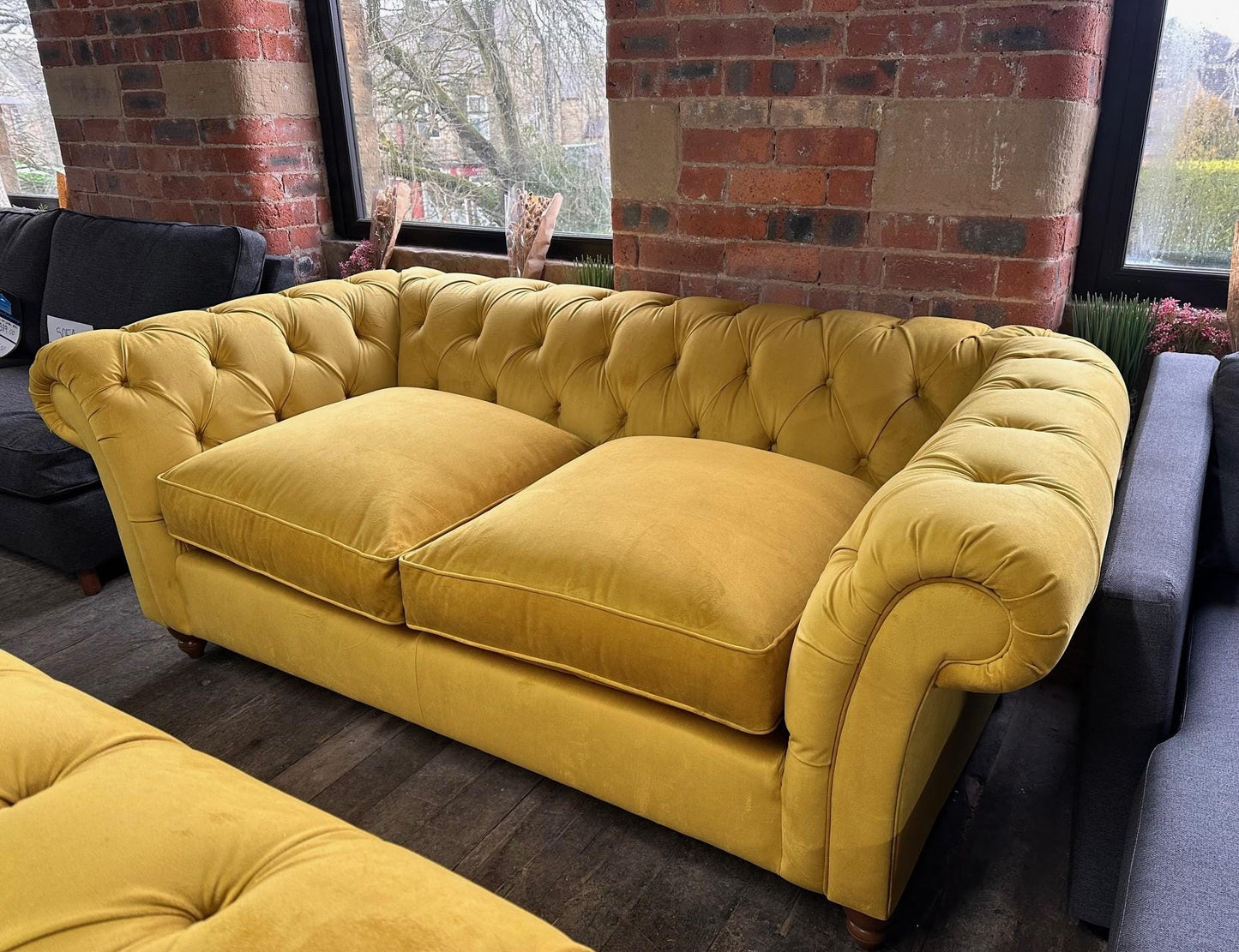 Large Chesterfield Sofa in Plush Dark Ochre Velvet - New Upholstery